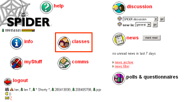 SPIDER home page showing myClasses link