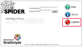 SPIDER home page showing register link