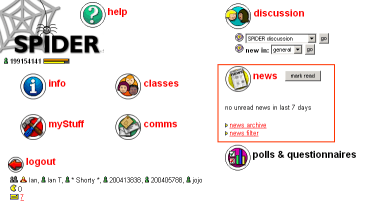 SPIDER home page showing news area